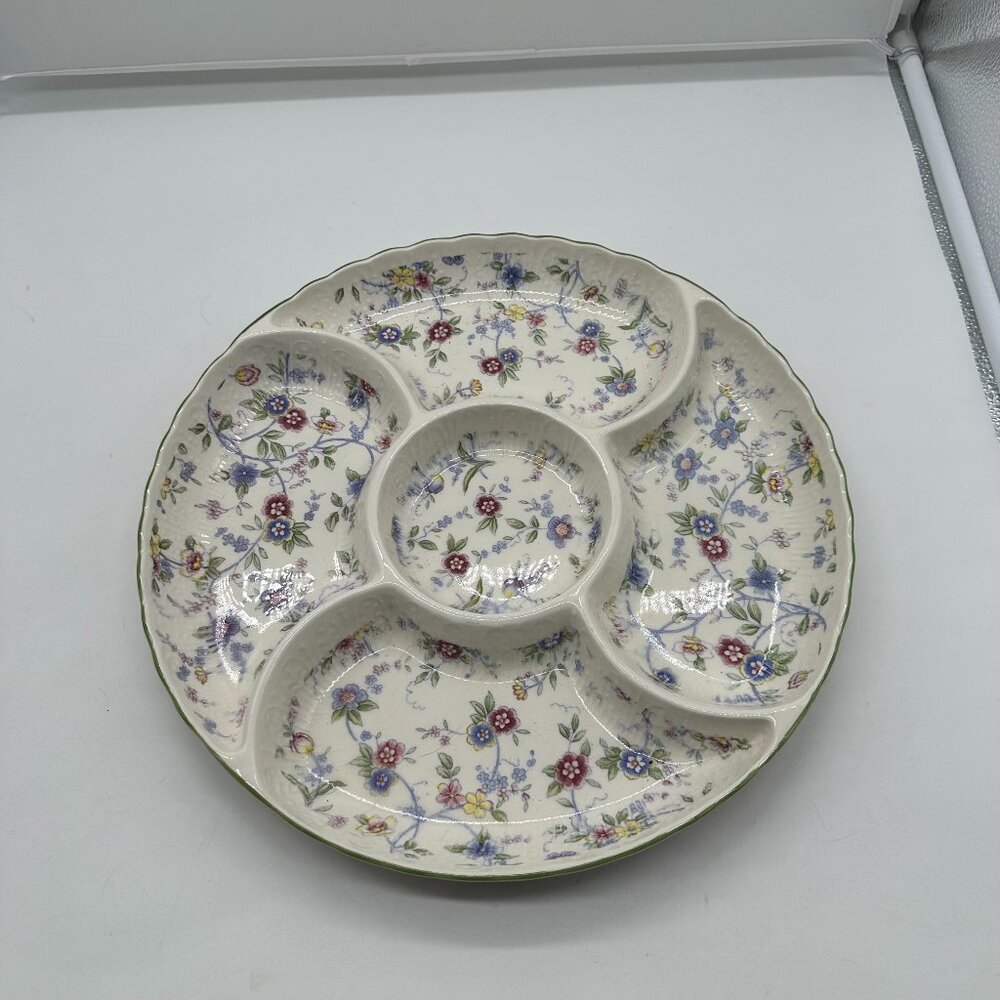 EUC Sadek Corona Green Trim 5 Part Relish Dish Tray Flowers